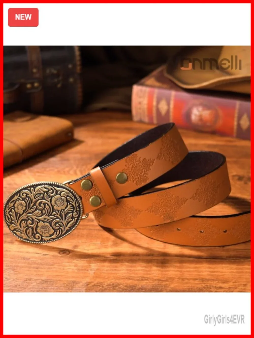 Western PU Leather Belt with Vintage Engraved Buckle for Women Men